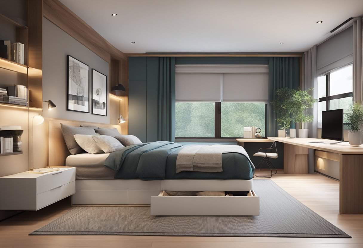 A modern bedroom with a sleek storage bed, clean lines, and minimalistic decor. The bed is raised off the ground with drawers and compartments for efficient use of space