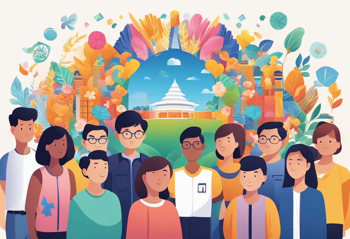 A diverse group of people gather around a central symbol of unity, surrounded by vibrant colors and symbols of community engagement and rewards in Singapore