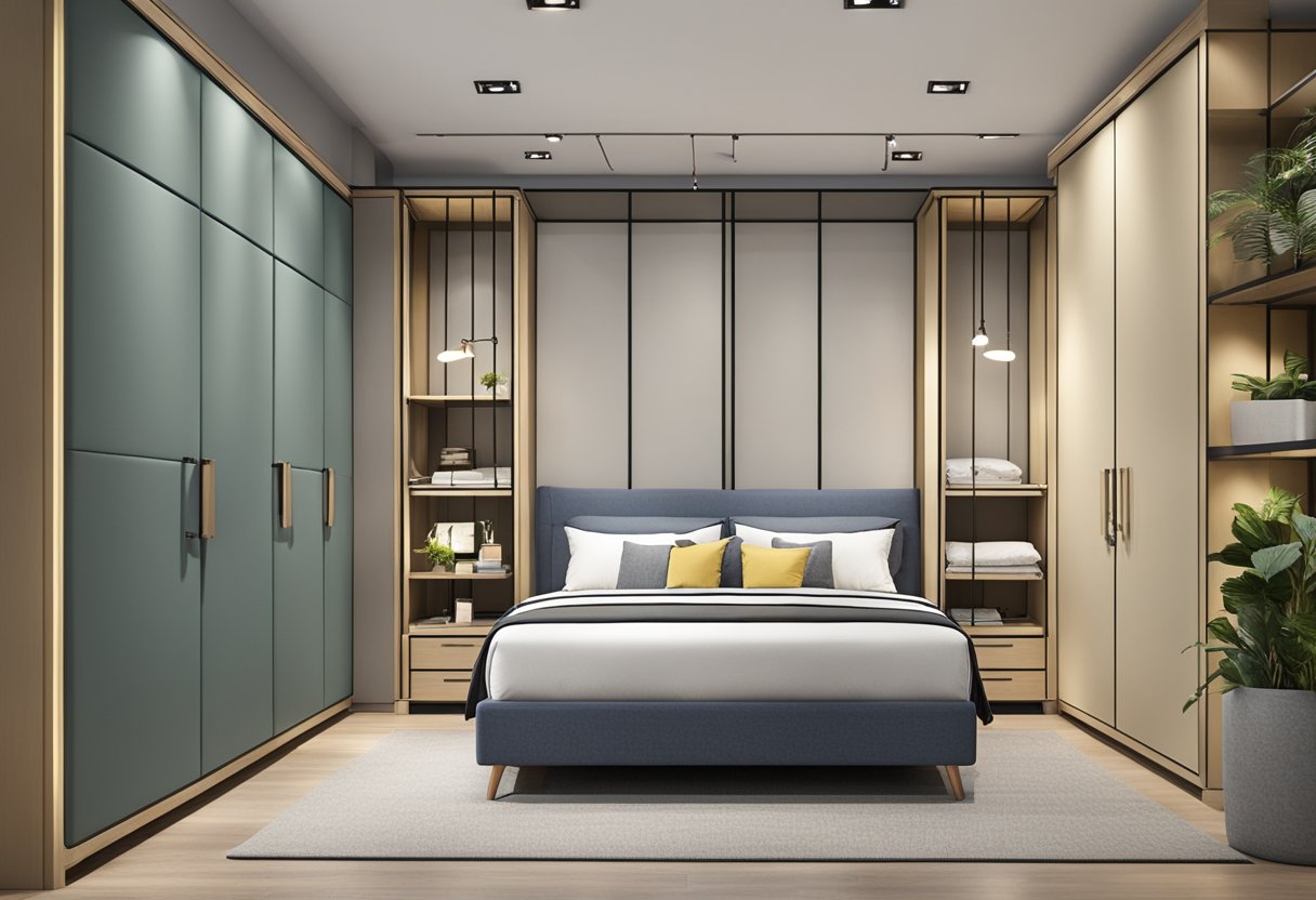A showroom displays various storage bed styles and sizes in Singapore