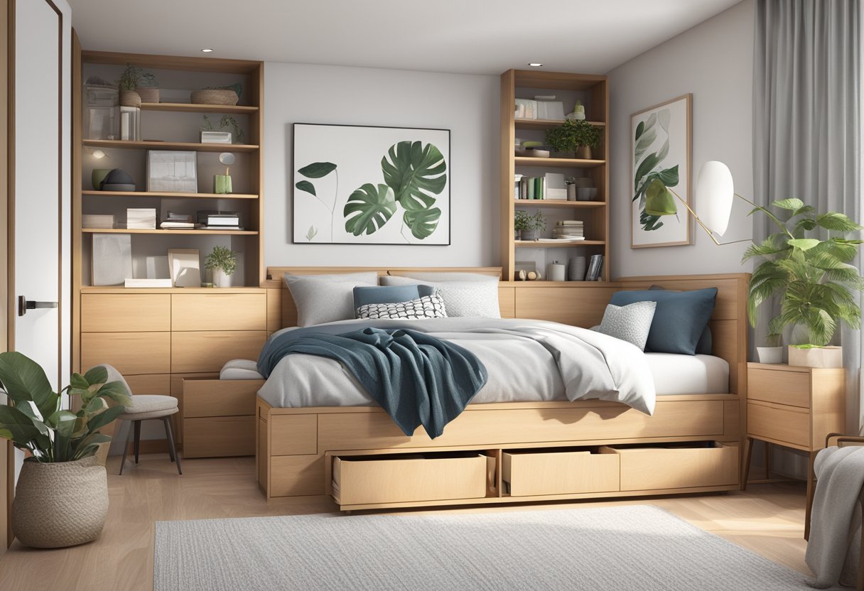 A bedroom with a storage bed frame, neatly organized with items stored underneath. Bright, clean, and spacious