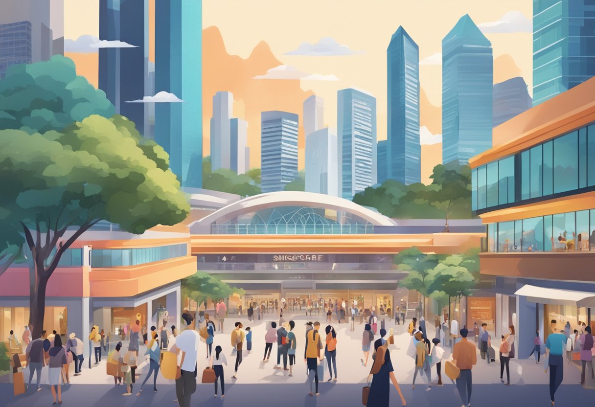 A bustling cityscape with iconic Singapore landmarks, a crowd of people, and a prominent "Frequently Asked Questions" sign at the entrance of Unity Singapore