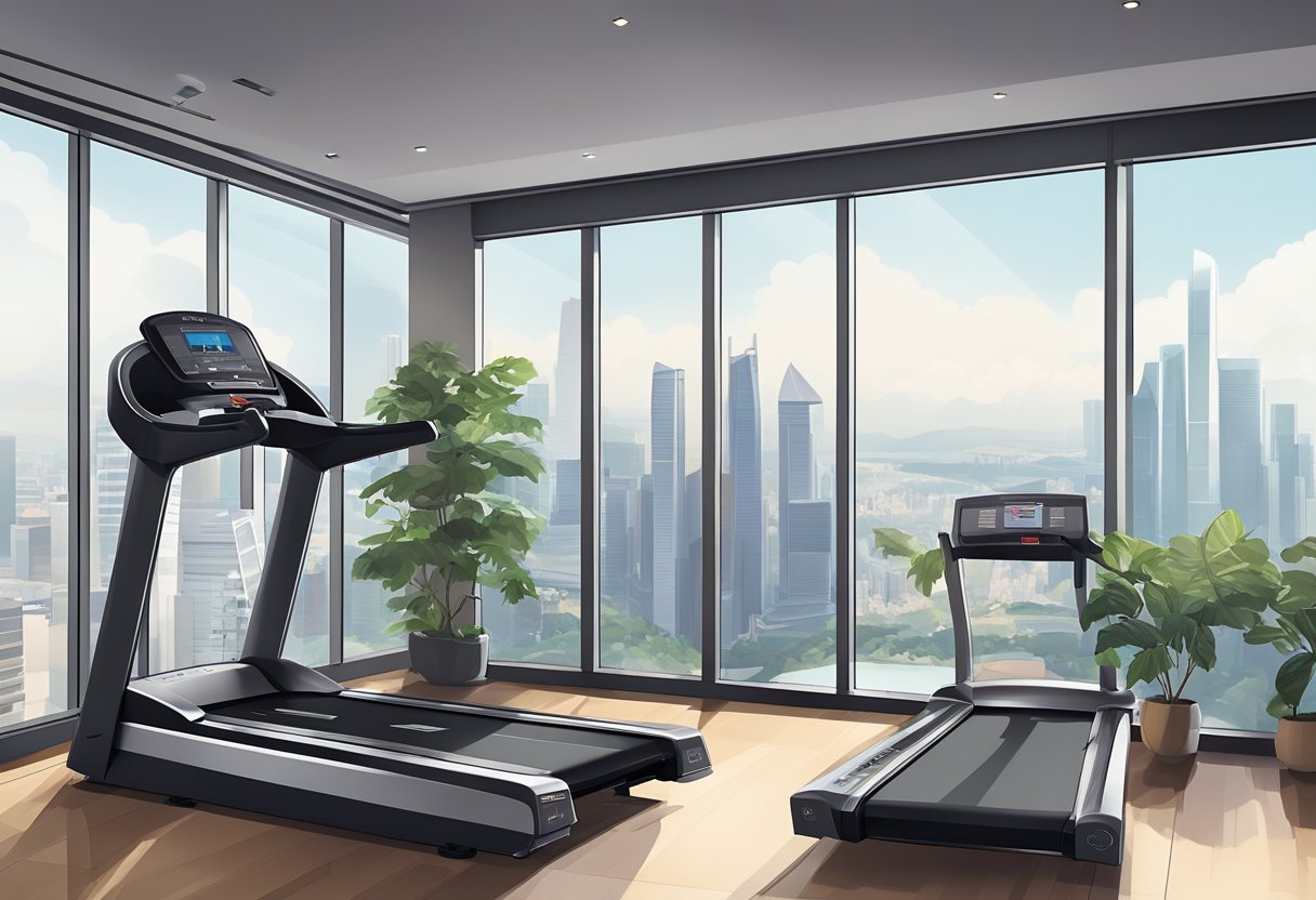 A treadmill in a modern Singapore gym, surrounded by sleek equipment and large windows with a view of the city skyline