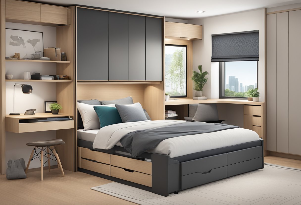 A neatly organized storage bed in a modern Singapore bedroom. The bed features compartments for easy access to frequently asked items
