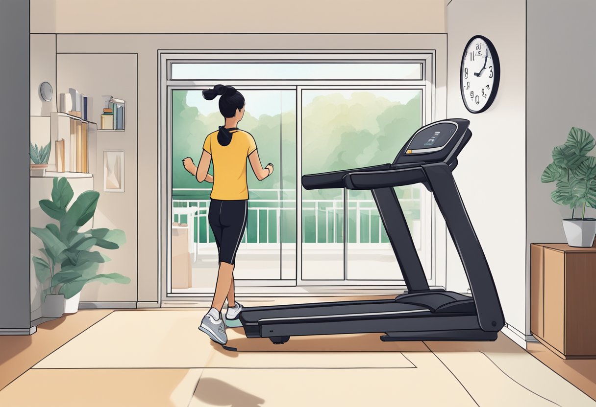 A person in a Singapore home, choosing a treadmill from a variety of options, with a focus on space, features, and design