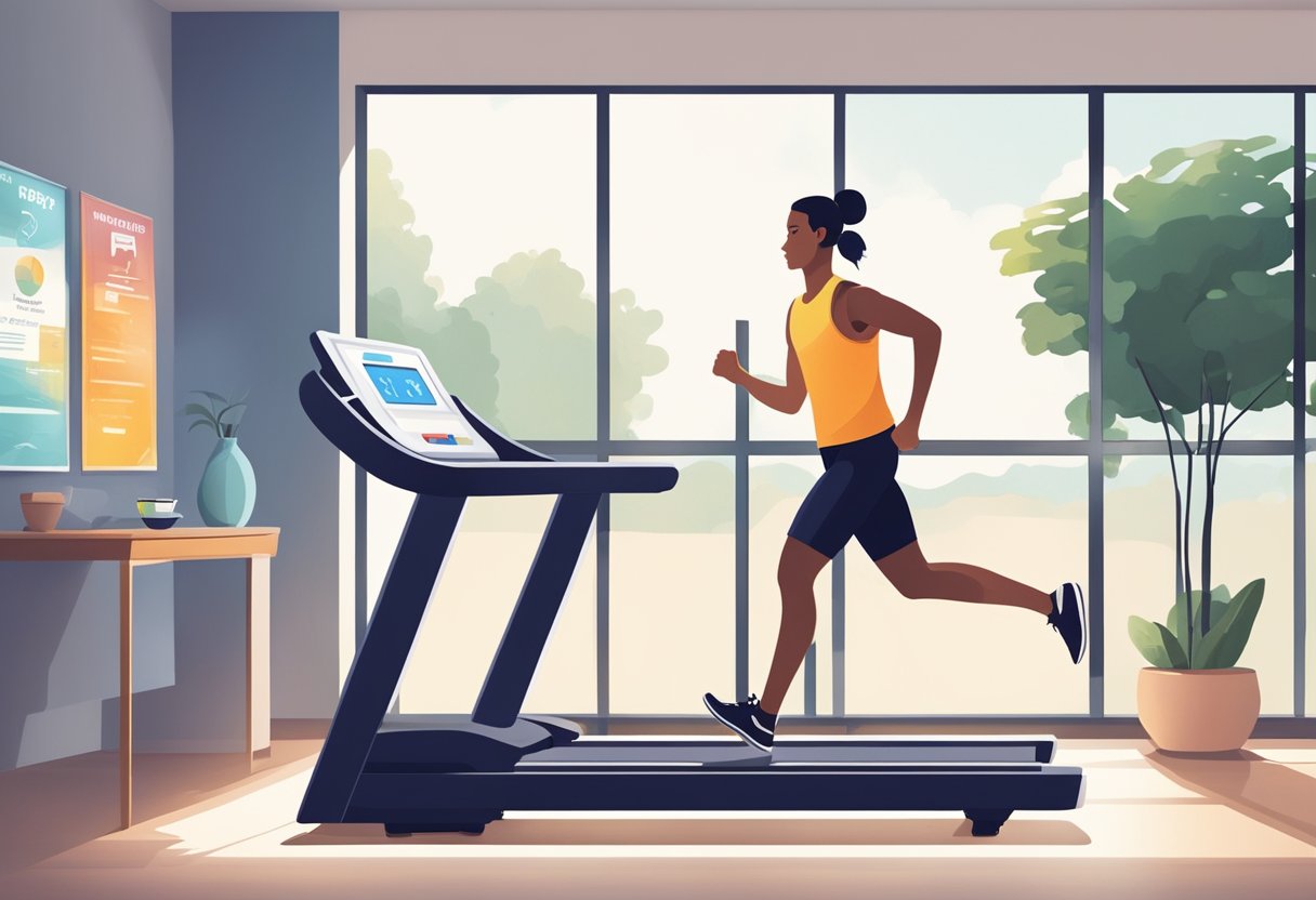 A person running on a treadmill with a digital display showing speed and distance. The room is well-lit with motivational posters on the walls