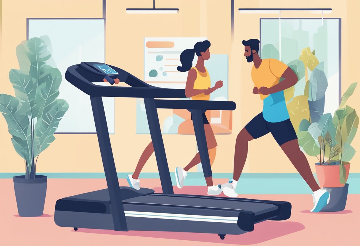 A treadmill surrounded by a diverse group of people, with a sign reading "Frequently Asked Questions treadmill singapore" in the background