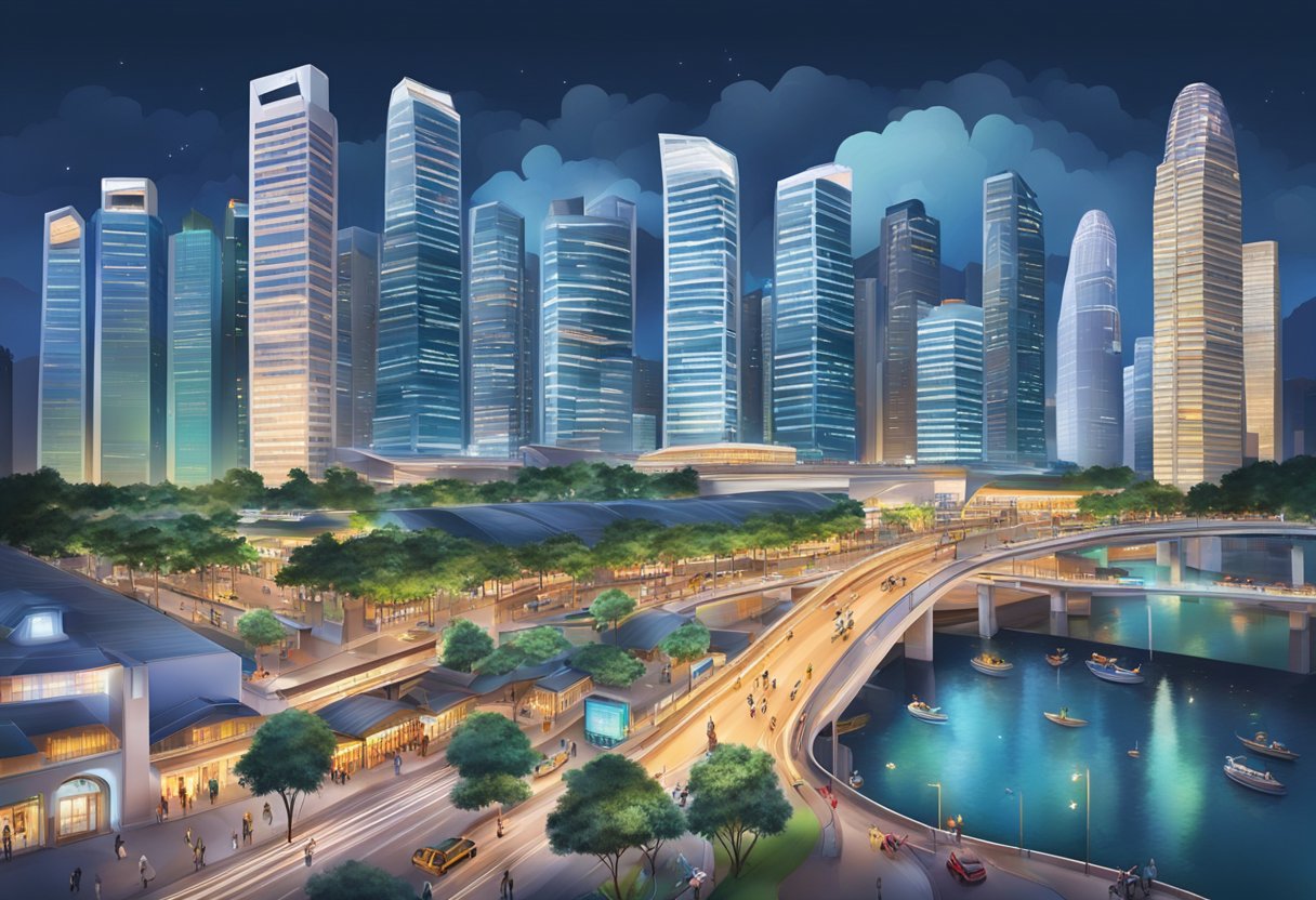 A bustling cityscape with skyscrapers and busy streets, showcasing the vibrant energy and diversity of Singapore