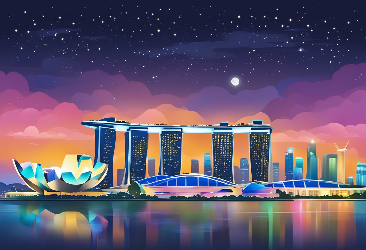 The iconic Singapore skyline glows with vibrant lights as the city comes alive at night, with the Marina Bay Sands and the Singapore Flyer standing tall against the dark sky