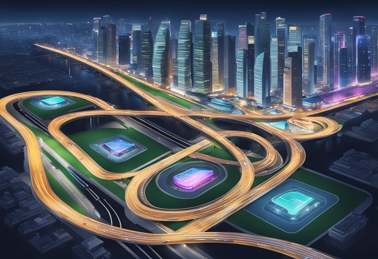 Aerial view of iRace Singapore track with sleek cars racing around illuminated city skyline at night