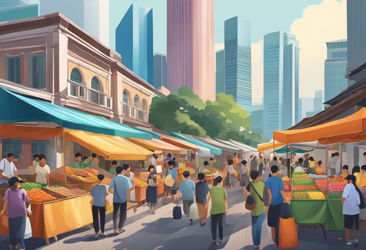 A bustling street market in Singapore, with colorful food stalls, traditional shophouses, and iconic skyscrapers in the background