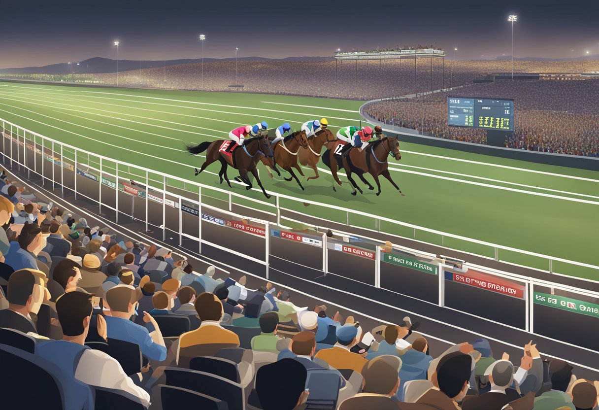 Horses racing on a track, with spectators placing bets and a digital display showing live statistics