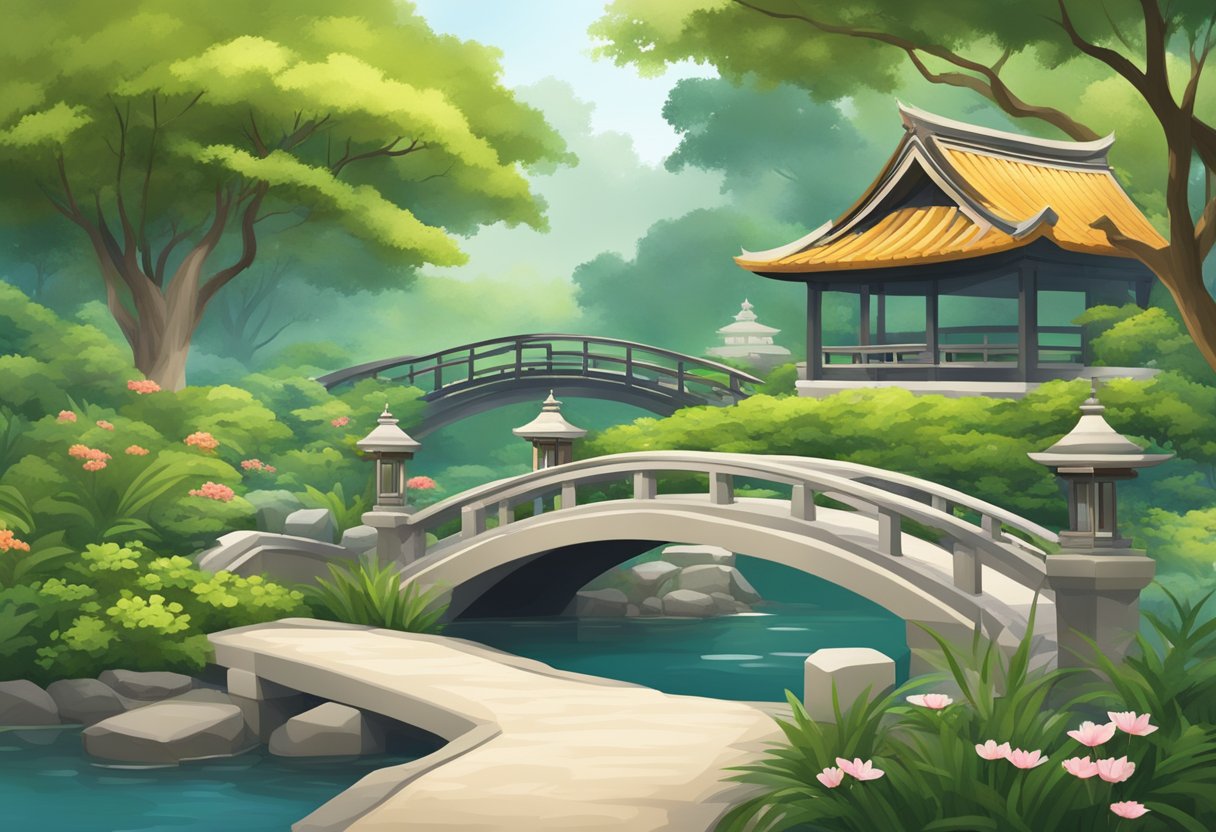A serene Japanese garden in Singapore with lush greenery, a tranquil koi pond, traditional stone lanterns, and a graceful arched bridge