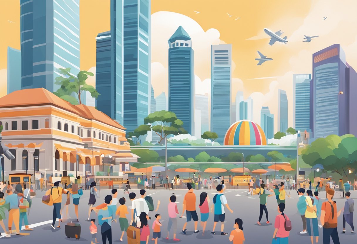 A bustling cityscape with iconic Singapore landmarks in the background, accompanied by a crowd of people engaging in various activities