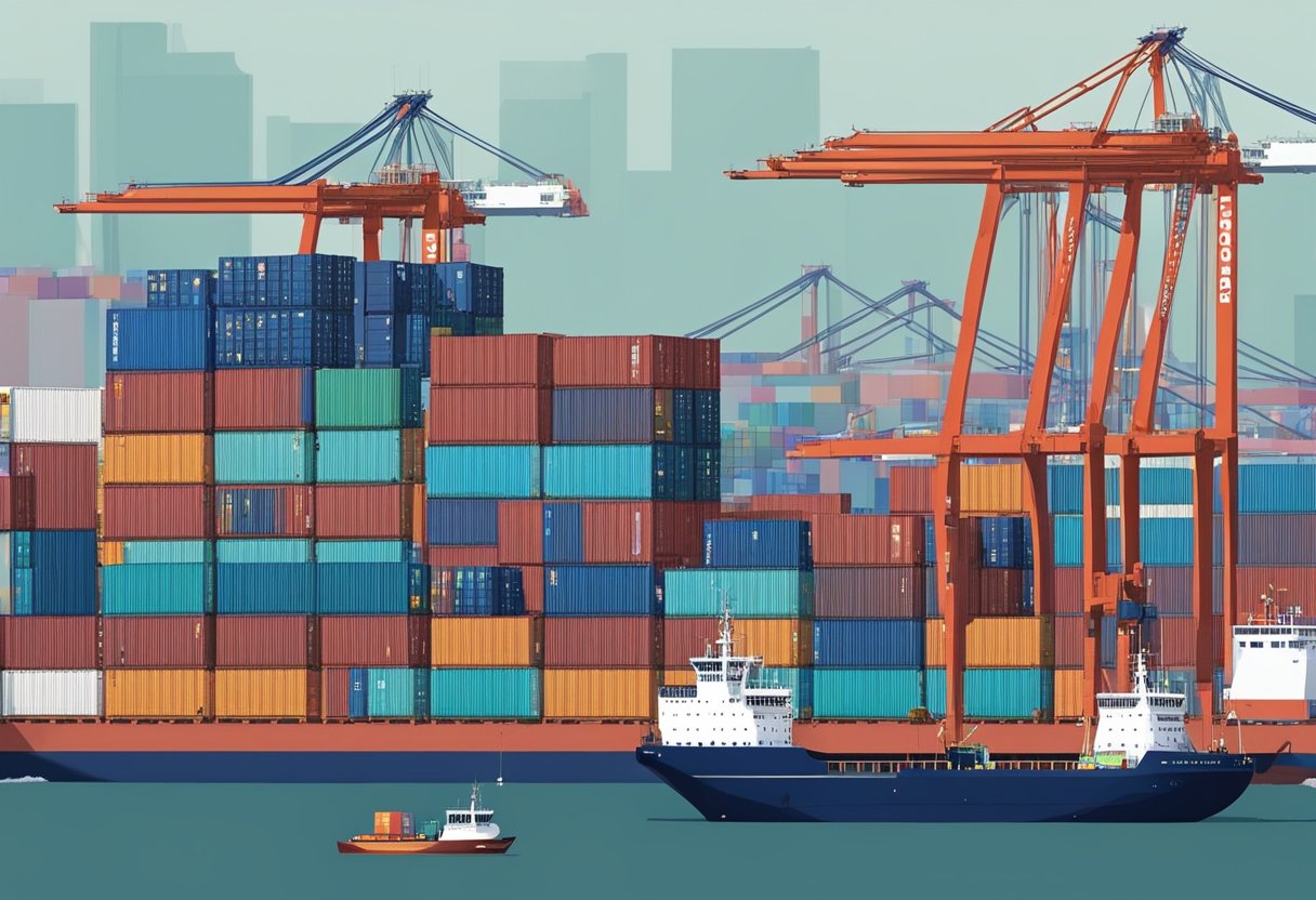 A cargo ship docks at Kastam Singapore, surrounded by cranes and containers on the bustling port