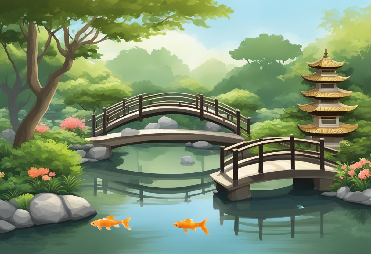 Lush greenery surrounds a serene pond with koi fish, stone lanterns, and a wooden bridge in the Japanese Garden, Singapore