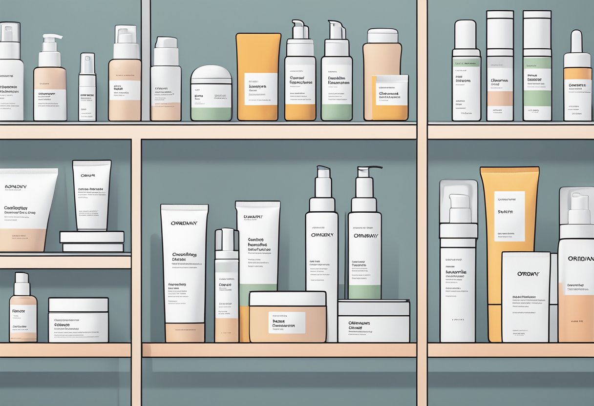A display of The Ordinary's skincare products arranged neatly on shelves, with bright lighting highlighting the minimalist packaging and clean design