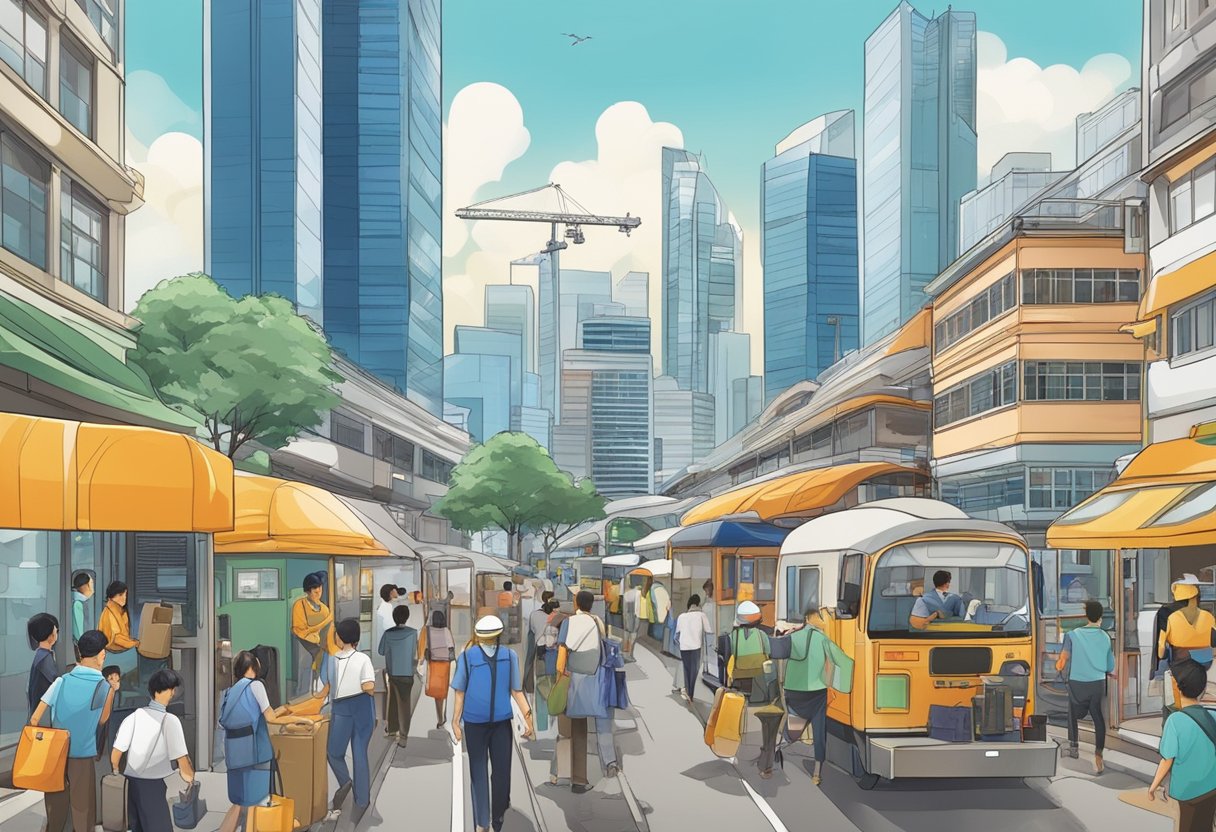 A bustling Singapore cityscape with diverse workers in various industries, showcasing the nation's dynamic and skilled workforce