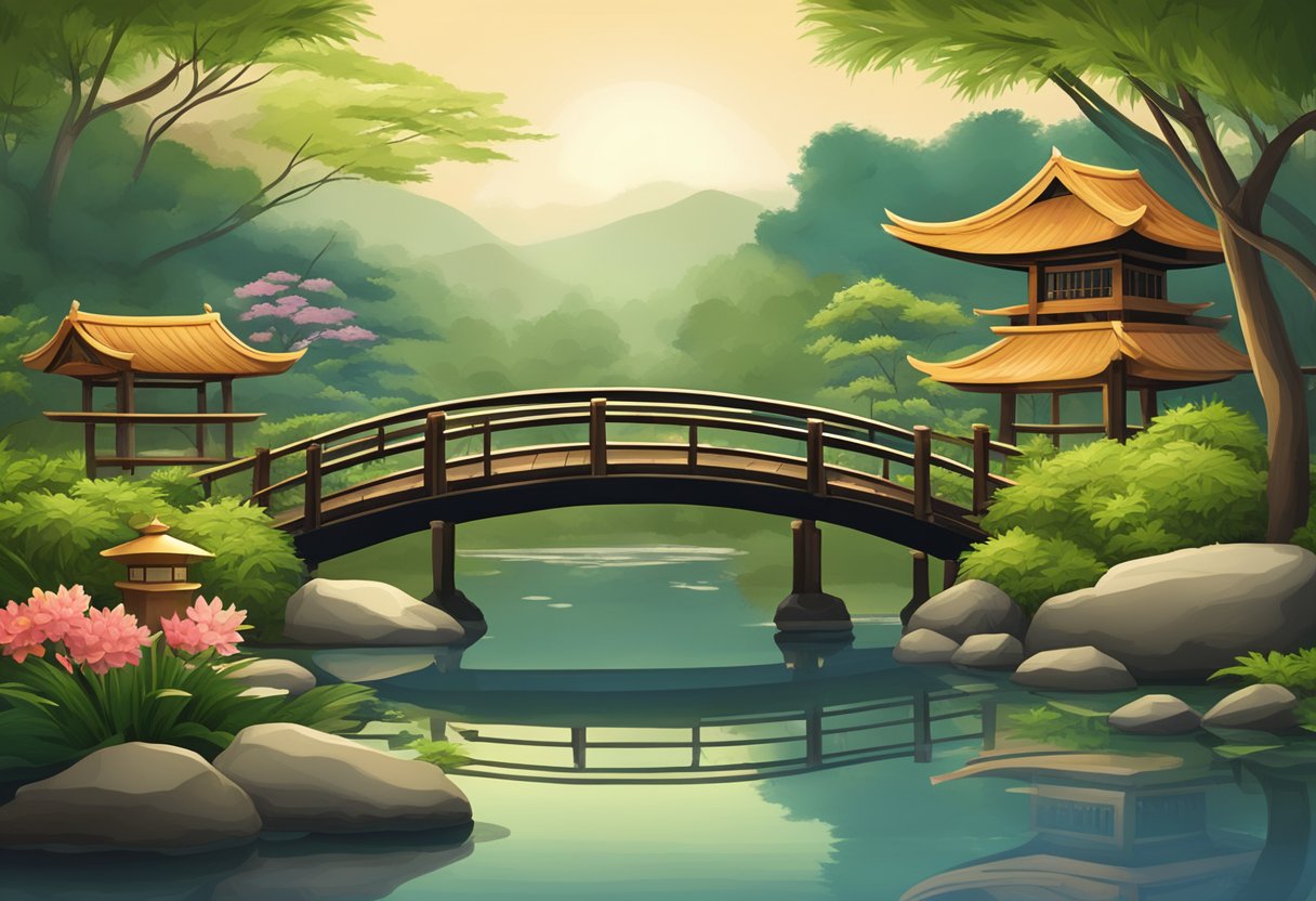 A serene Japanese garden with a wooden bridge, koi pond, and lush greenery, surrounded by traditional lanterns and bamboo fences