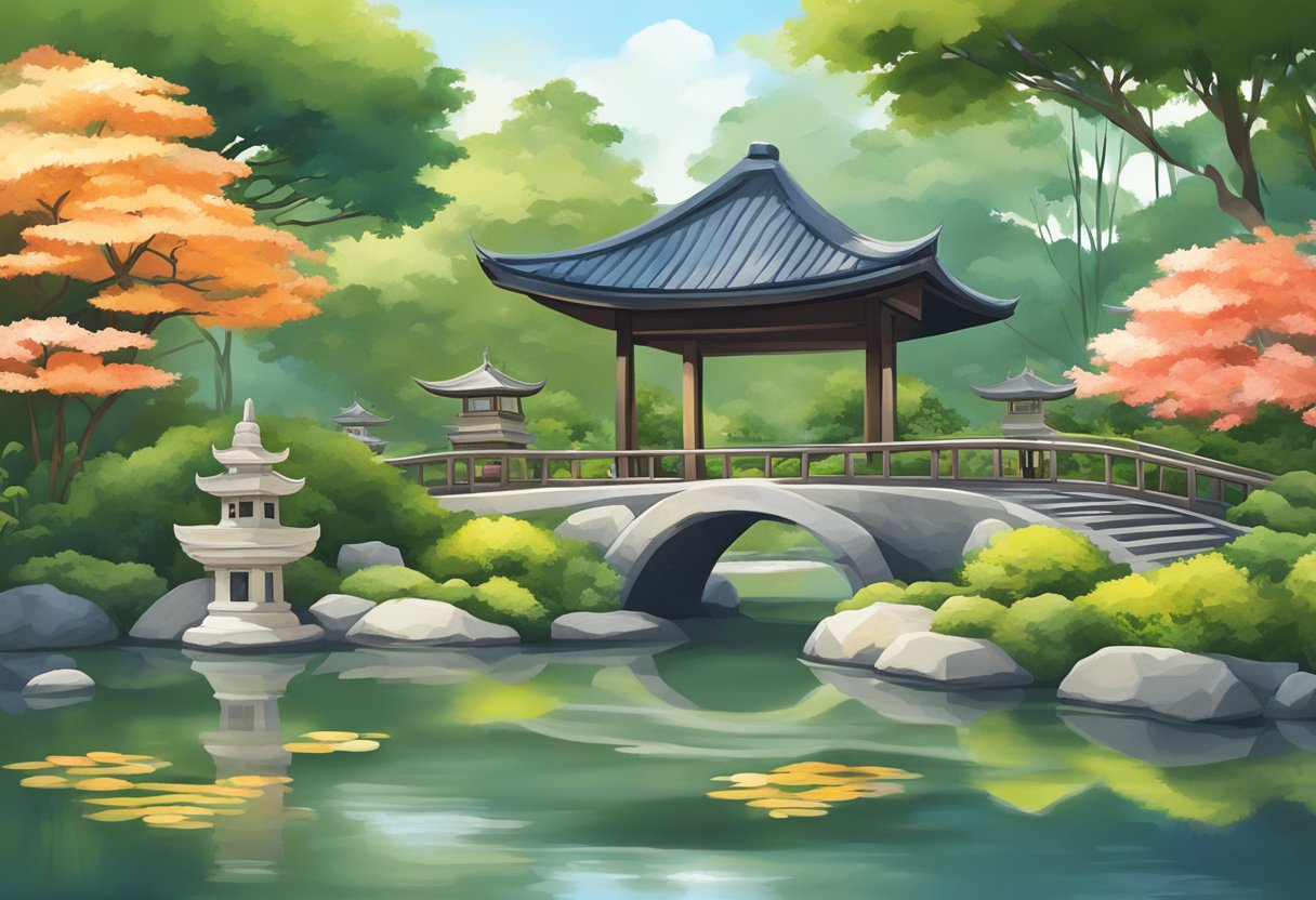 A serene Japanese garden in Singapore, with lush greenery, a tranquil koi pond, and traditional stone lanterns