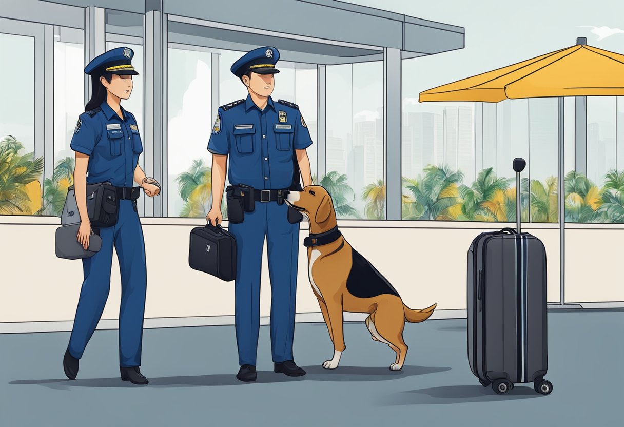 Customs and Border Security in Singapore: a uniformed officer inspecting luggage at a security checkpoint with a sniffer dog nearby