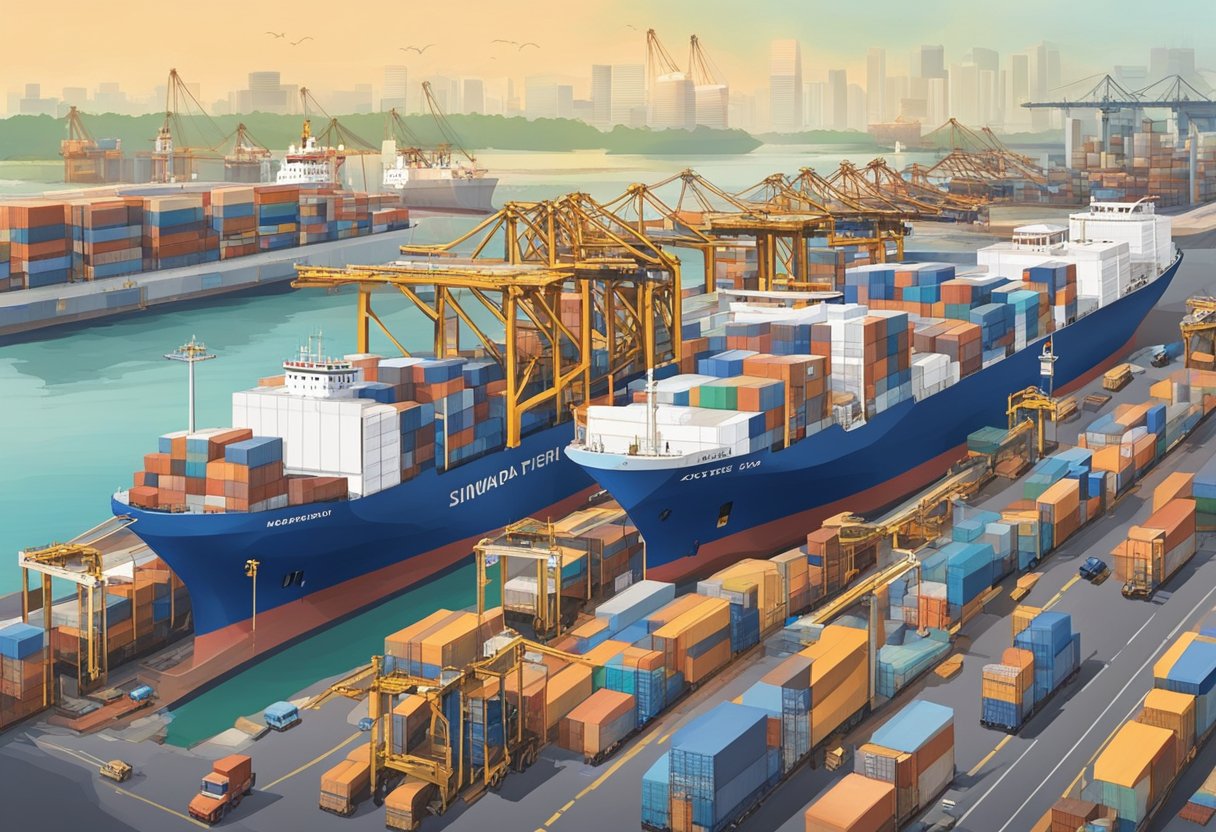Ships unloading cargo at Singapore's bustling port, while trucks line up at the customs checkpoint for inspection