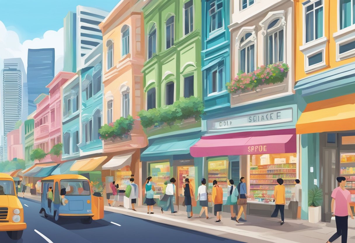The bustling streets of Singapore are lined with colorful storefronts, showcasing The Ordinary's skincare products. Shoppers browse the shelves, while a vibrant cityscape looms in the background