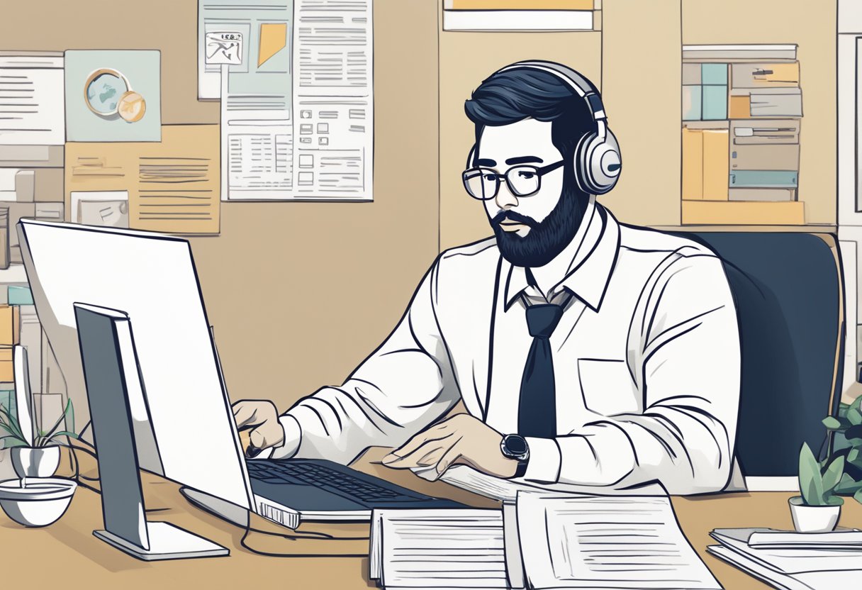 A customer service representative at a desk with a computer, surrounded by printed FAQ documents and a sign that reads "Frequently Asked Questions kastam singapore."