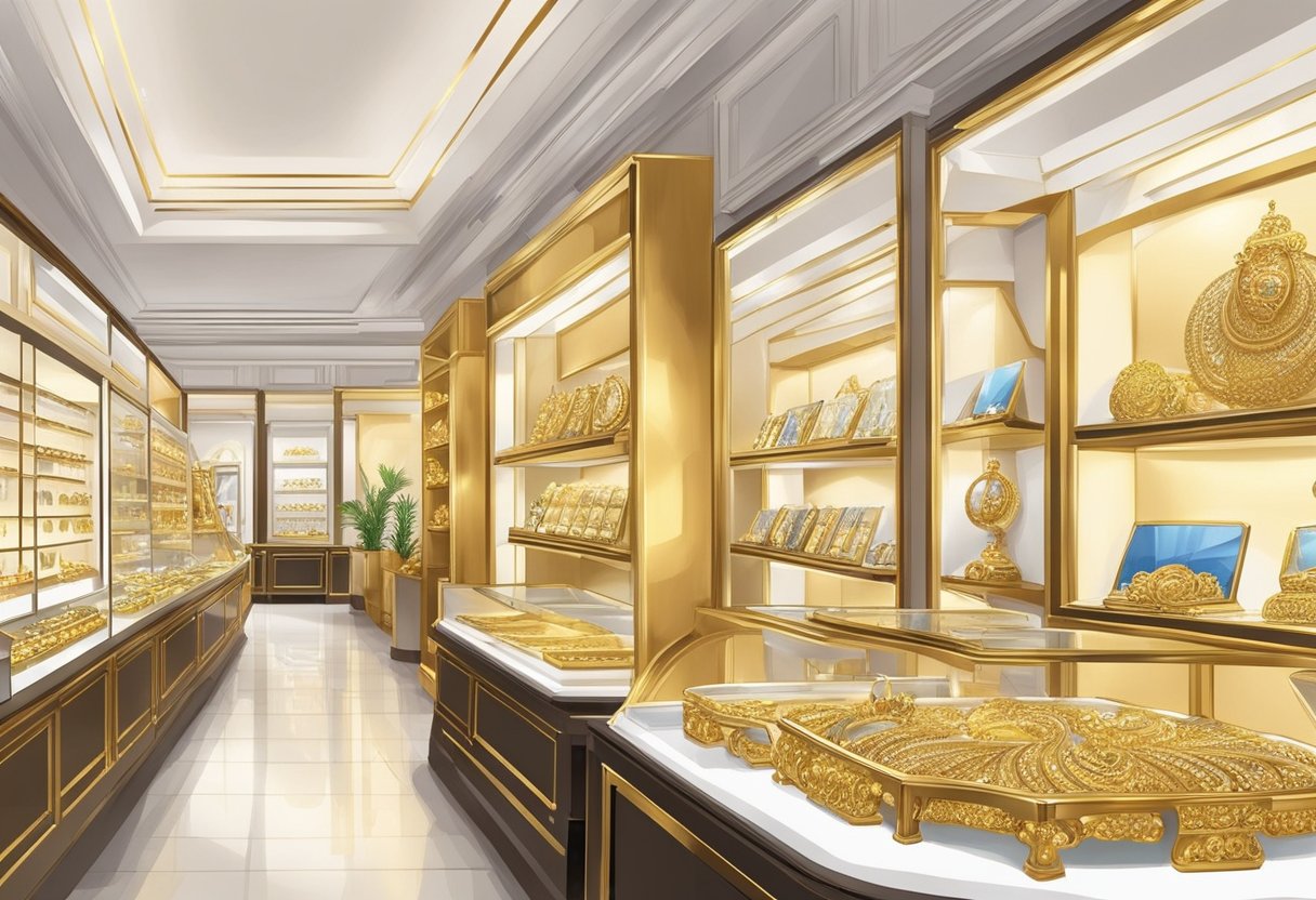The bustling gold shop in Singapore gleams with luxurious displays and showcases a wide array of exquisite gold jewelry and accessories