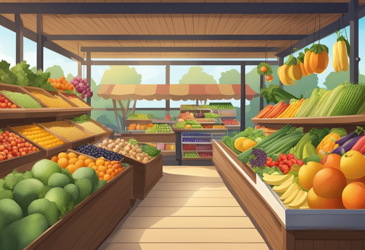 A vibrant market stall displays an array of fresh fruits, vegetables, and whole grains. Colorful signage promotes organic and locally sourced produce