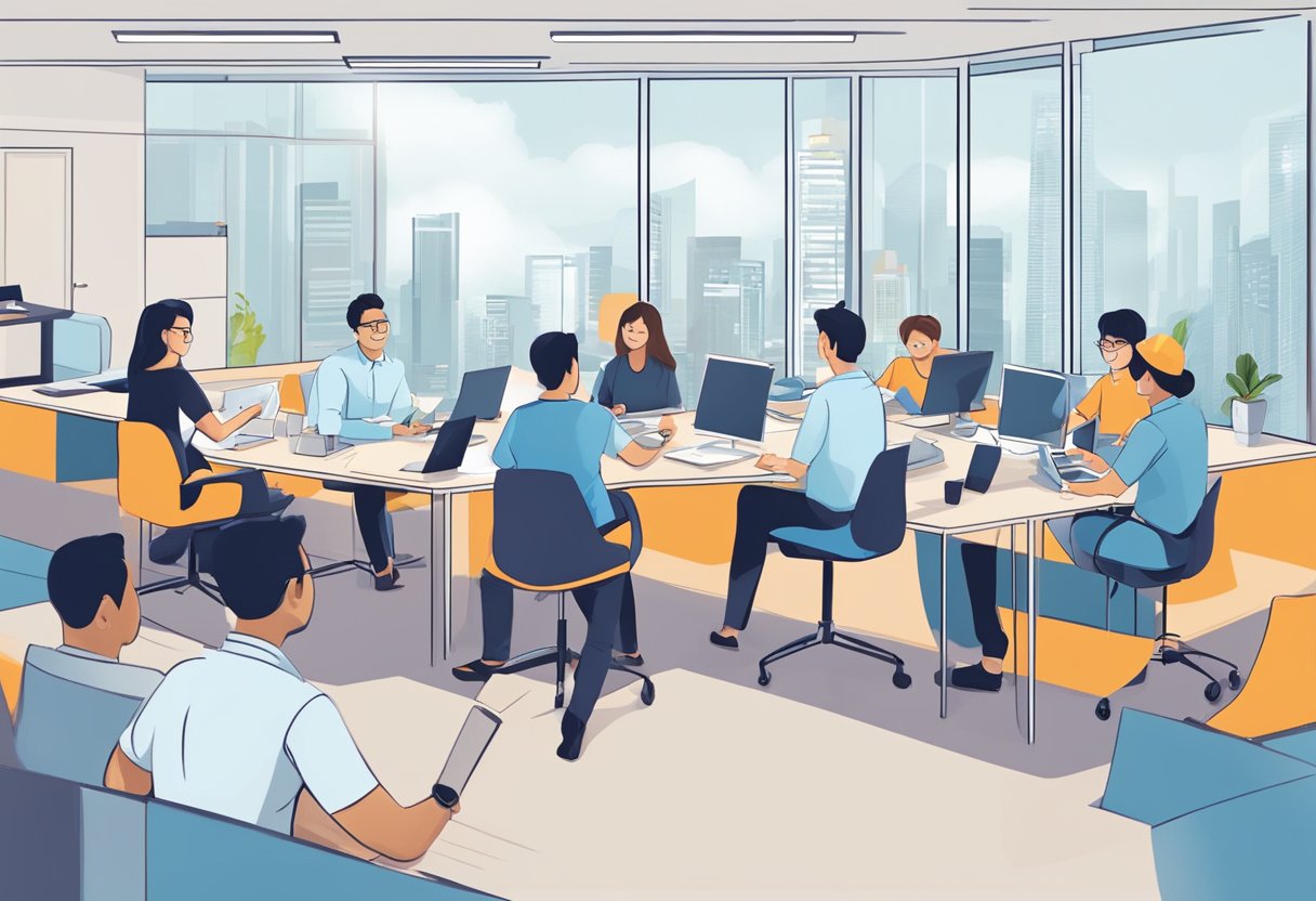 A group of people are collaborating and working together at a Manpower Singapore office, discussing and strategizing for future projects