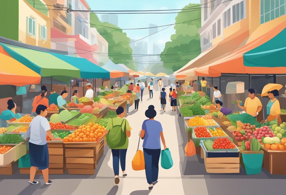 People exploring colorful markets, featuring fresh fruits and vegetables, and diverse healthy food options in Singapore