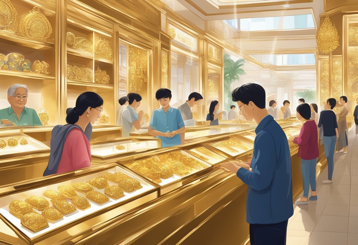 Customers browsing gleaming gold jewelry in vibrant Singapore gold shops. Shimmering displays and intricate designs create a luxurious and captivating atmosphere