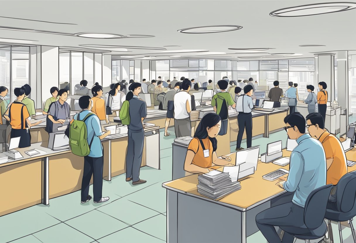 A bustling office with people queuing at a counter marked "Frequently Asked Questions manpower singapore." Signs and pamphlets are displayed prominently