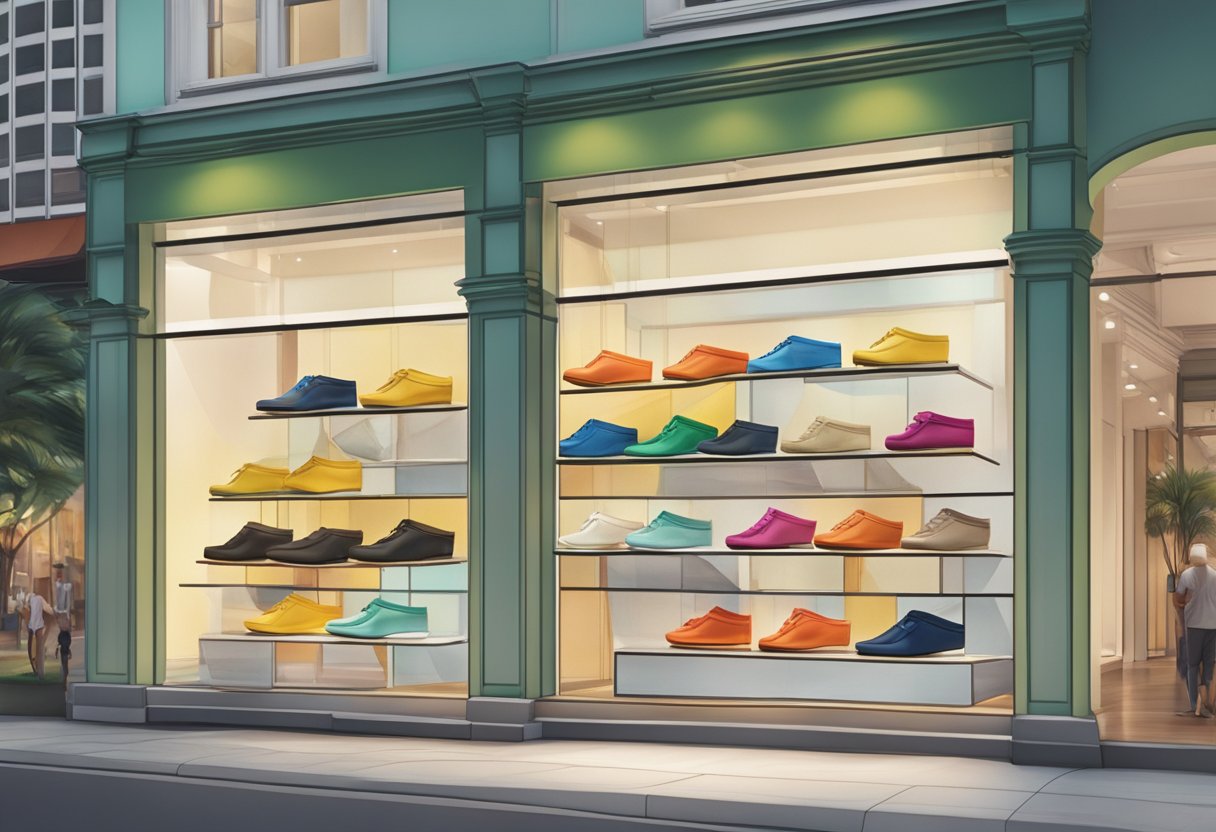 A pair of FitFlop sandals displayed on a vibrant storefront window in Singapore