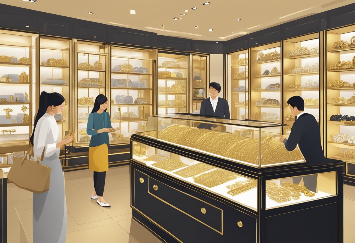 Customers browse gleaming gold jewelry in a modern, upscale Singapore shop. Shelves display intricate designs and prices. Staff assist clients with purchases