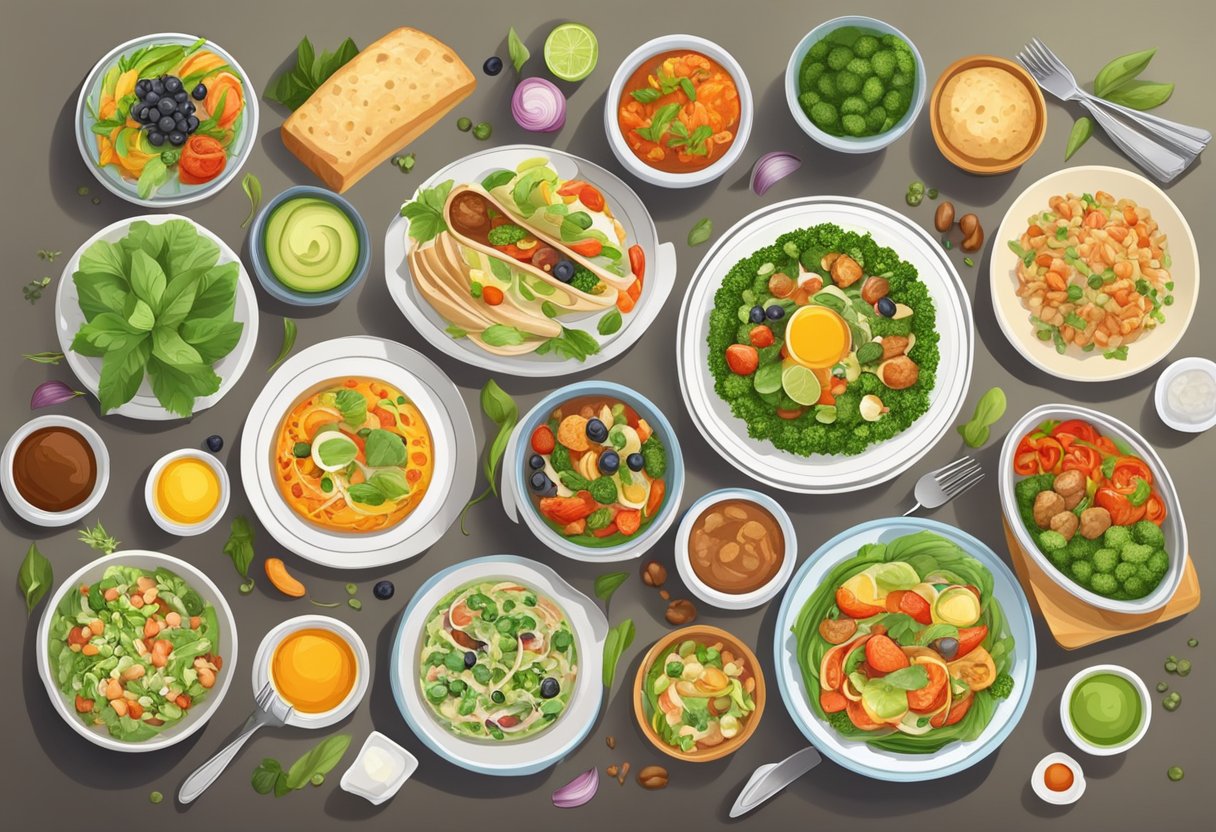 A table set with a variety of colorful and nutritious dishes, including plant-based, gluten-free, and other specialized dietary options