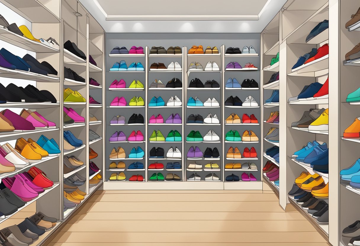 A colorful display of FitFlop shoes arranged neatly on shelves, with the brand's logo prominently featured