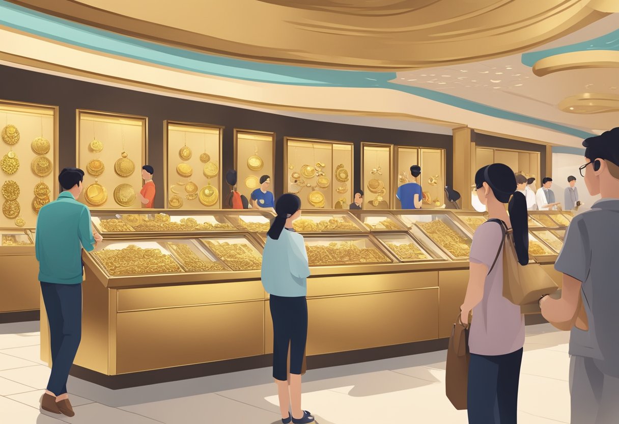 A busy gold shop in Singapore, with customers browsing, staff assisting, and a display of various gold jewelry and coins