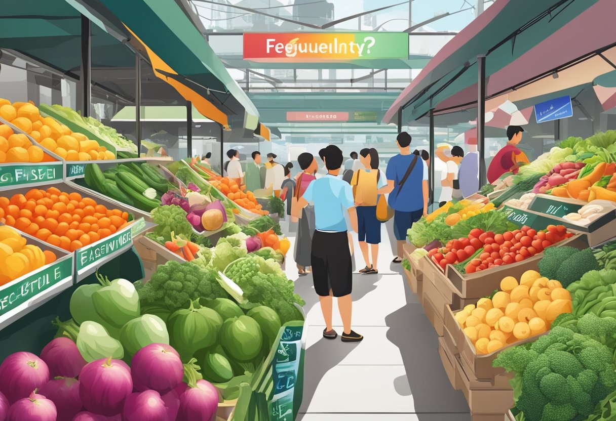 A colorful display of fresh fruits and vegetables with a "Frequently Asked Questions" sign in a bustling market in Singapore