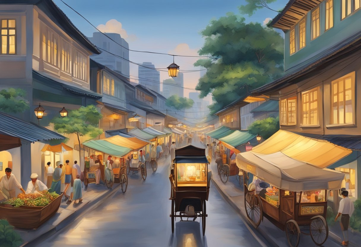 A bustling street in colonial Singapore, with rickshaws and lantern-lit shops lining the narrow road. The air is filled with the scent of spices and the sound of traders haggling