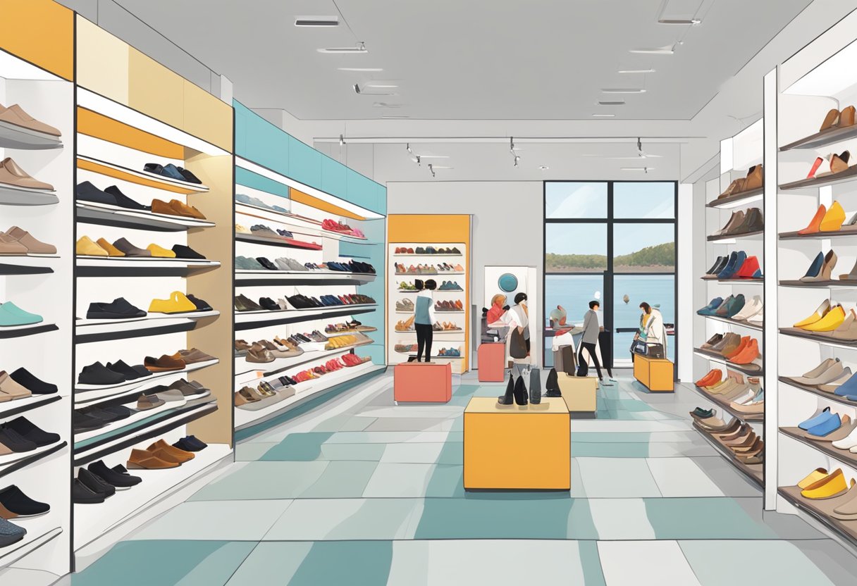 People browsing a variety of FitFlop shoes and sandals in a bright and modern retail store. Shelves neatly display the latest footwear designs, while customers try on different styles