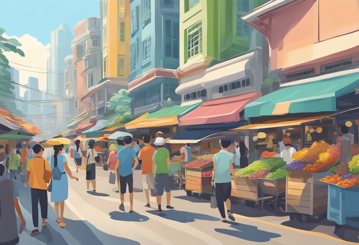 A bustling street in Singapore with colorful buildings and bustling markets