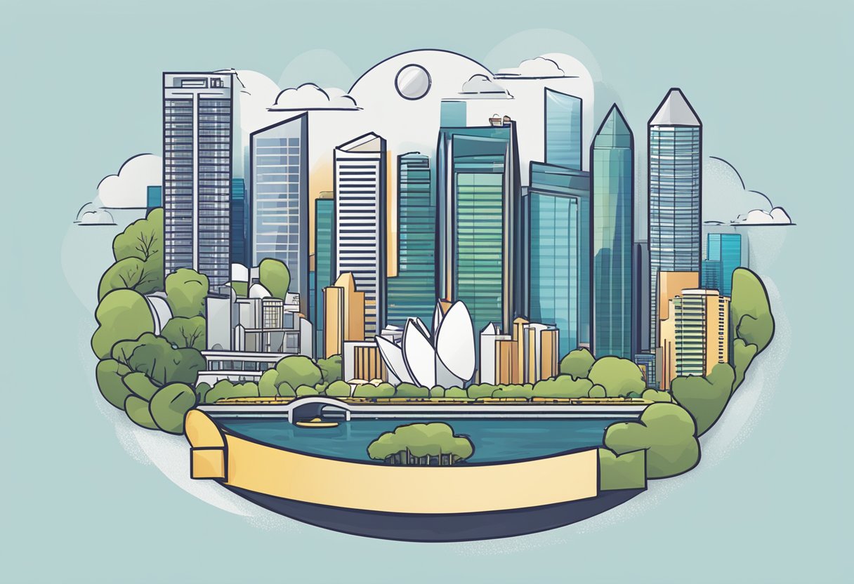 A circle with "Frequently Asked Questions" text inside, surrounded by the outline of the Singapore skyline