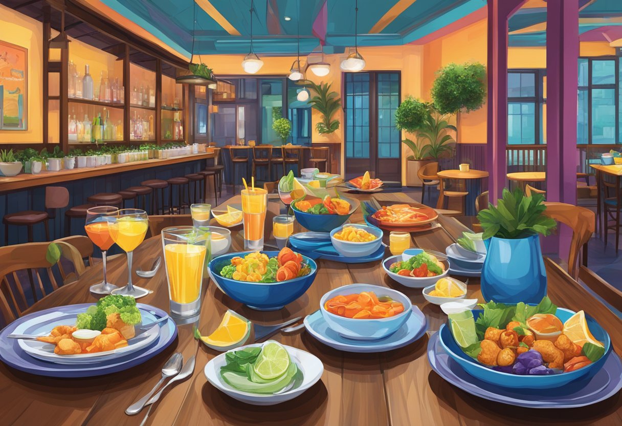 A table set with colorful dishes and drinks at Luke's Singapore restaurant. Vibrant decor and bustling atmosphere