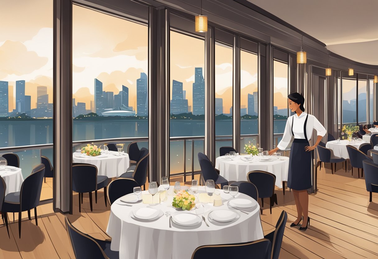 A bustling restaurant with a view of the Singapore skyline, tables set with white linens and flickering candlelight. The hostess stands by the entrance, greeting guests with a warm smile