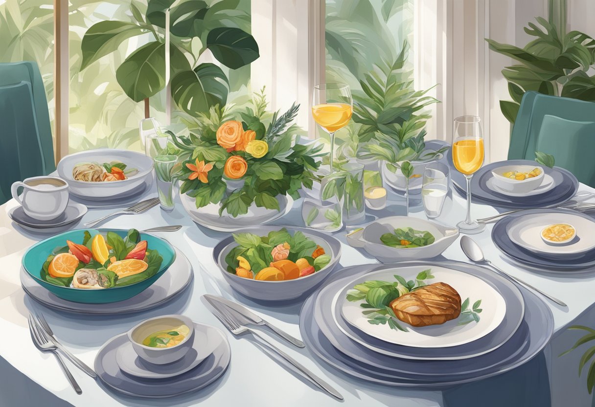 A table set with colorful dishes and elegant cutlery at Colony Singapore, surrounded by lush greenery and soft ambient lighting