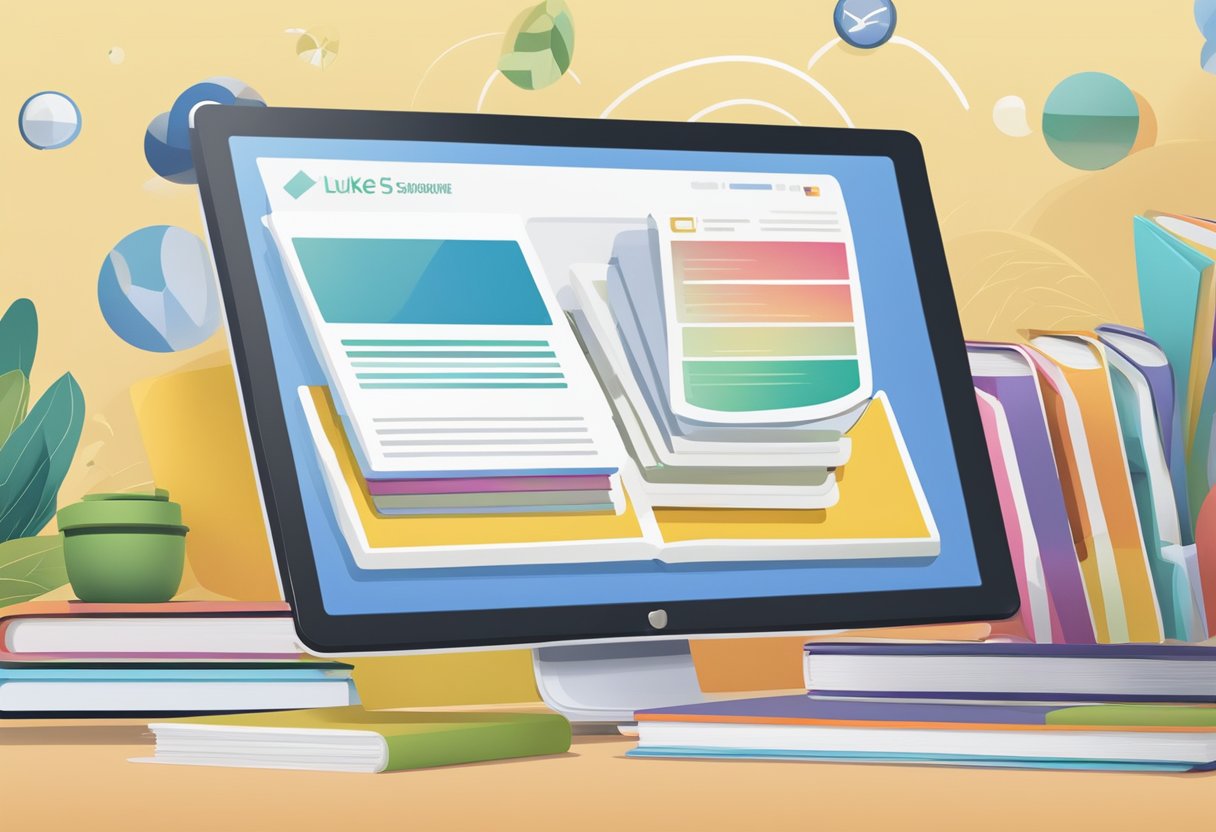 A stack of colorful brochures and a computer screen displaying the "Frequently Asked Questions" page of Luke's Singapore website