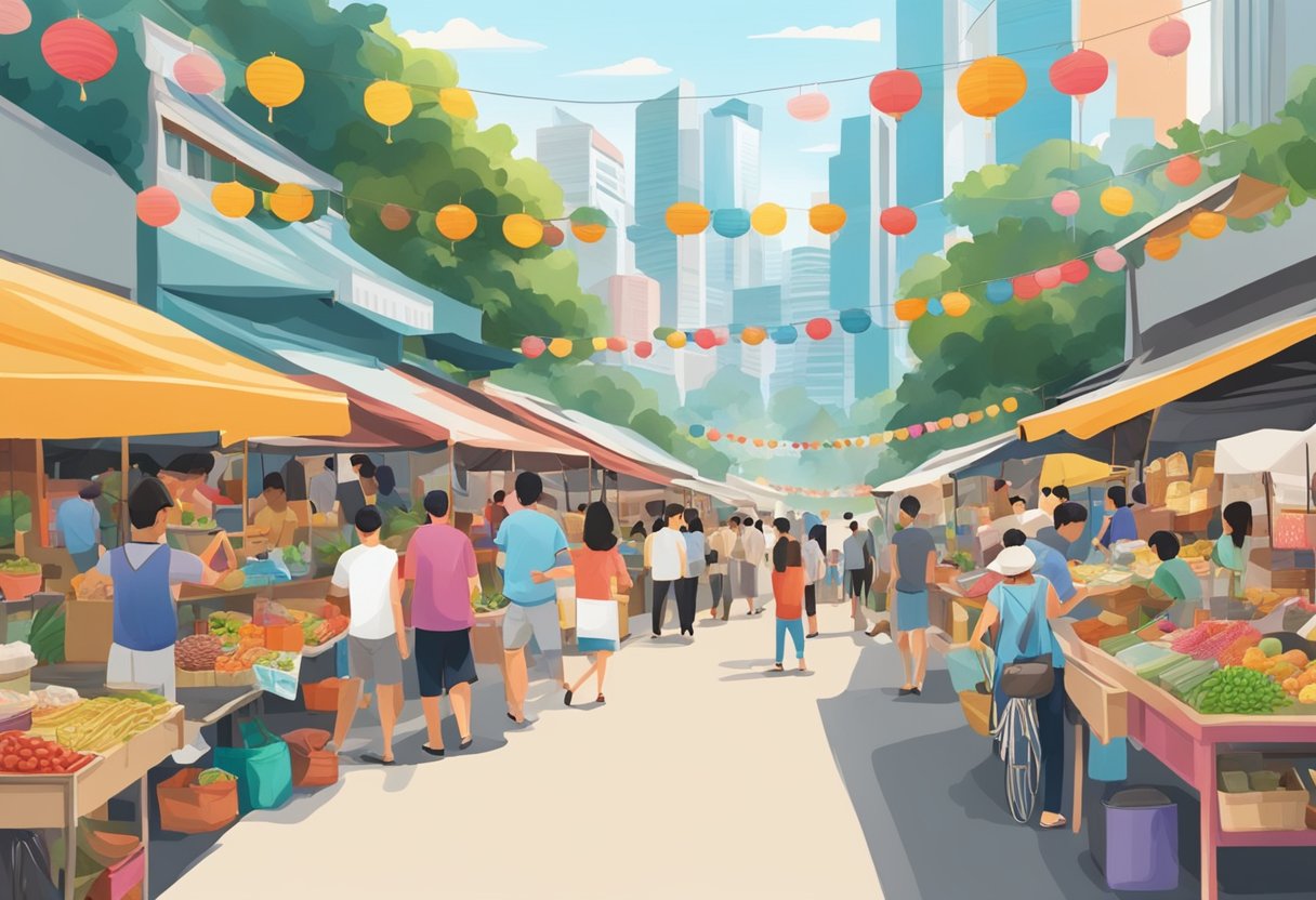 A bustling street in Singapore, with colorful signs and people browsing goods at outdoor markets