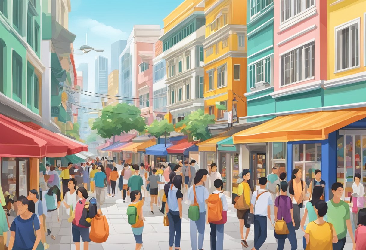 A bustling street in Duozoulu, Singapore, with colorful shop facades and bustling crowds