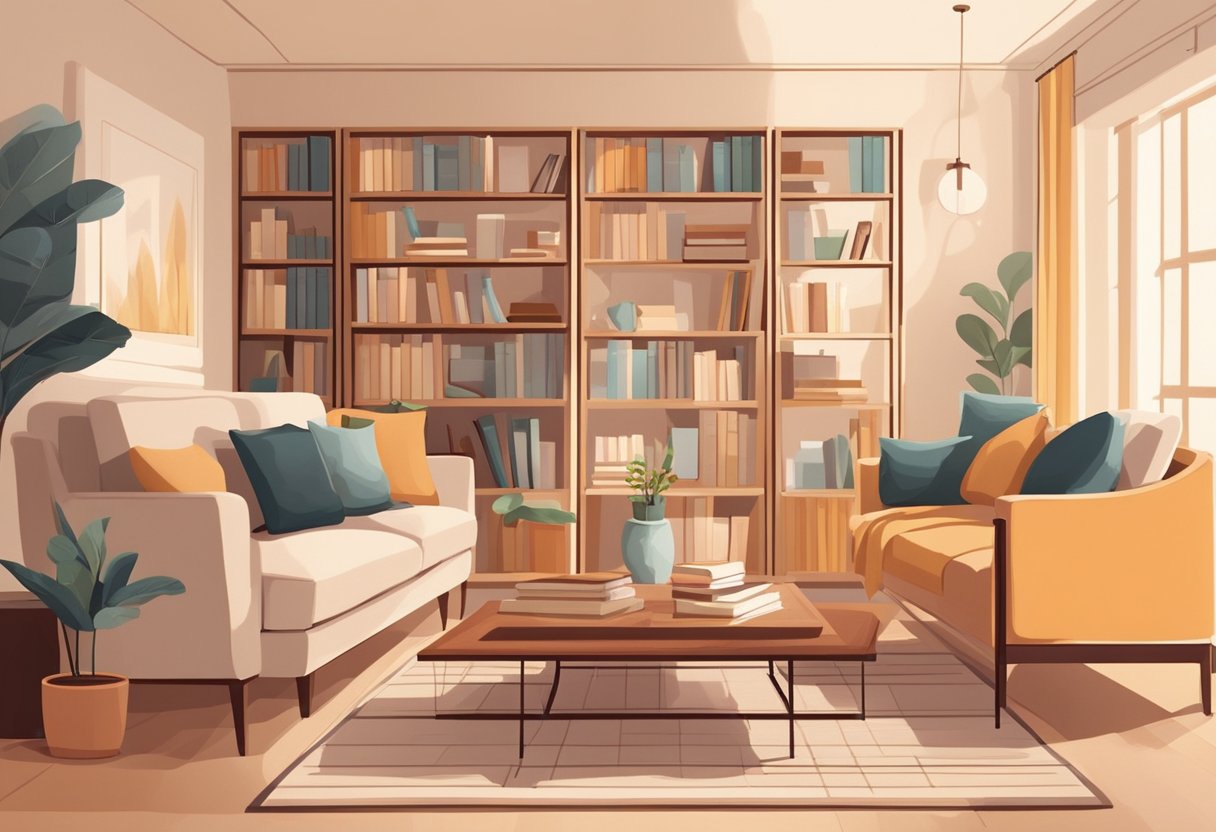A cozy living room with modern furniture and soft lighting. A bookshelf filled with books and decorative items. A warm color palette and inviting atmosphere
